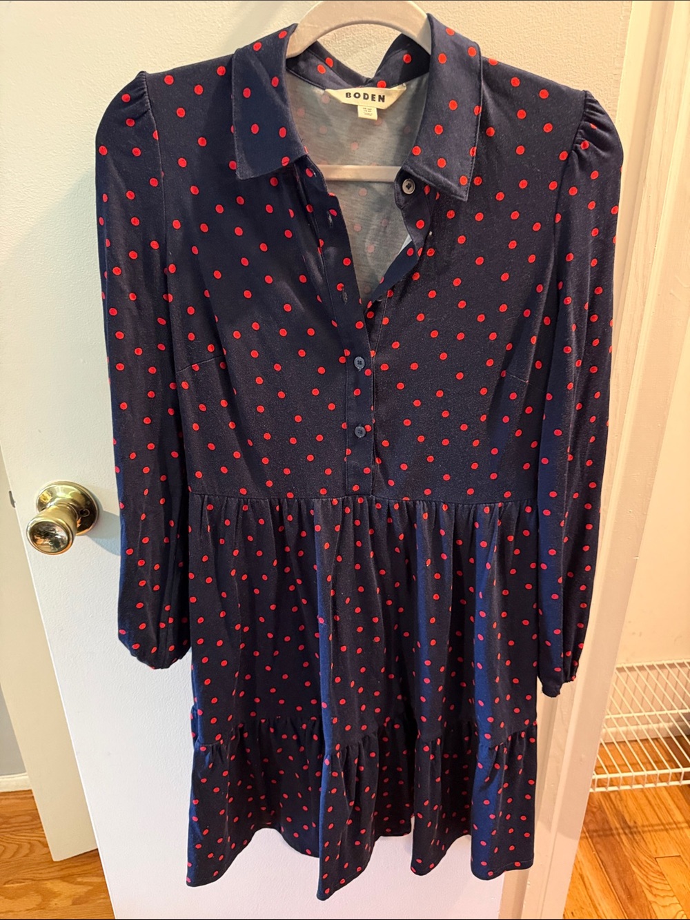 Boden Navy Dress with Red Polka Dot Print 8P